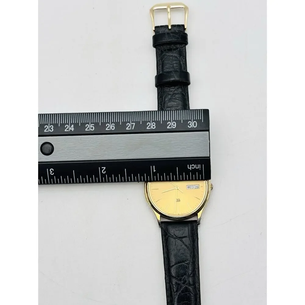 Seiko SQ Watch Men 33mm Gold Dial Gold Tone Daydate Round 5H23-7B09 New Battery